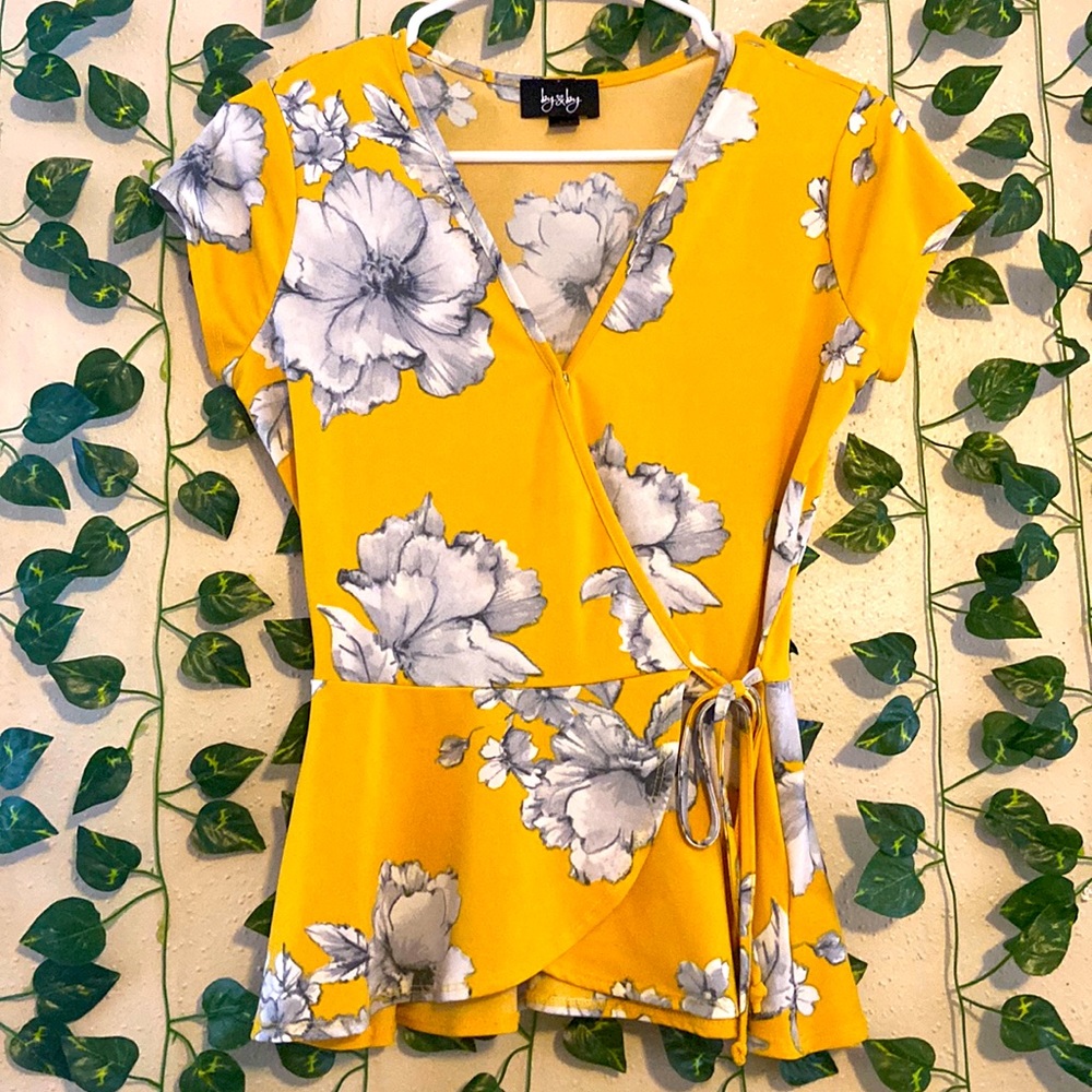 Yellow floral V neck blouse